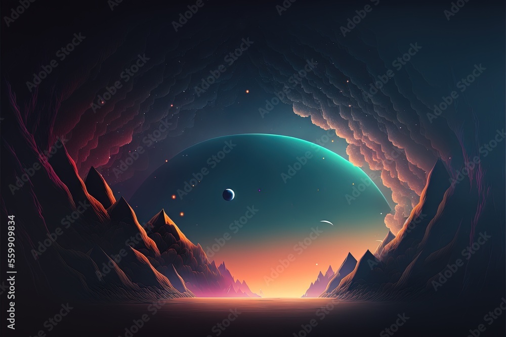 Poster a space scene with a planet and mountains in the background and a distant star in the distance with 