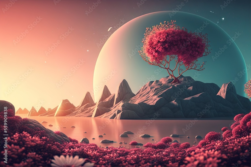 Poster a painting of a tree on a hill with a lake and mountains in the background with a moon in the sky ab