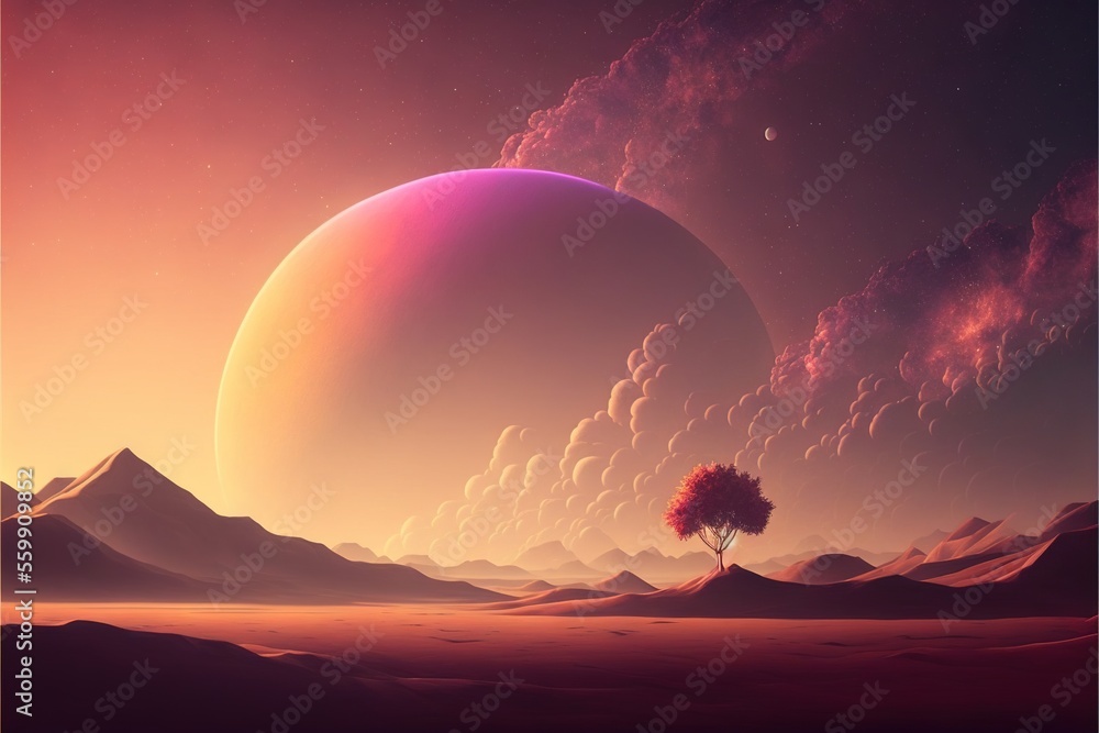 Poster a landscape with a tree and a distant planet in the background with a pink sky and clouds, and a dis