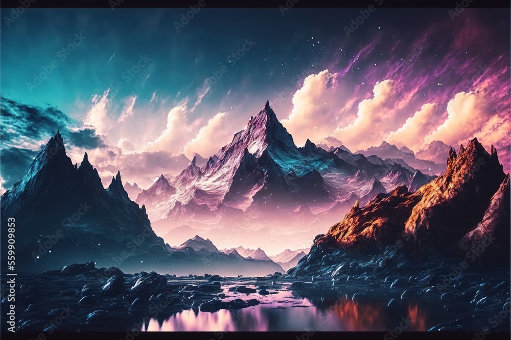 Aufkleber a painting of a mountain range with a lake in the foreground and a purple sky with clouds in the bac