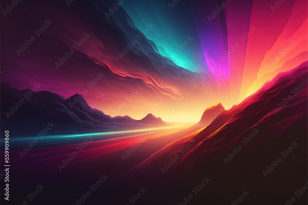 Poster a colorful painting of mountains and a sky with clouds and a rainbow light in the middle of the imag