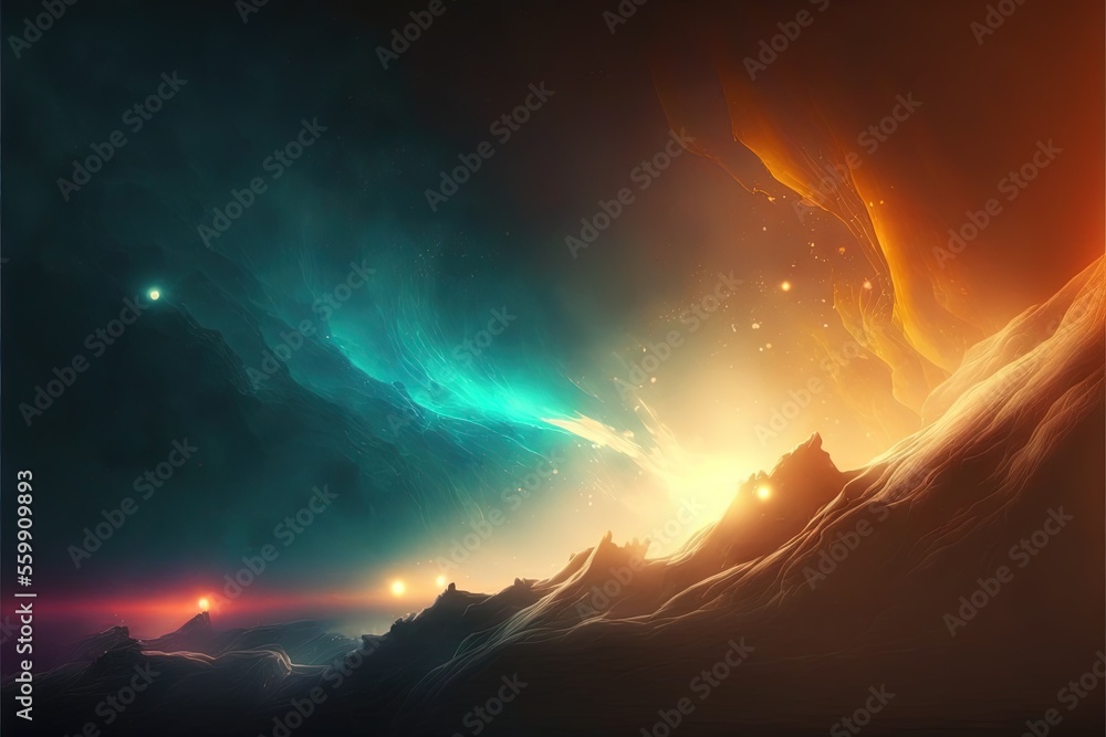 Aufkleber a computer generated image of a mountain range with a bright light coming from the top of it and a d