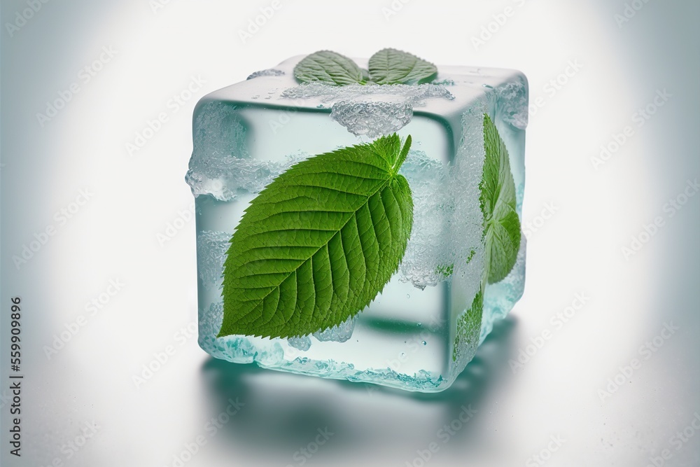 Poster a green leaf is placed in a ice cube with water on the side of it and ice cubes on the side of the i