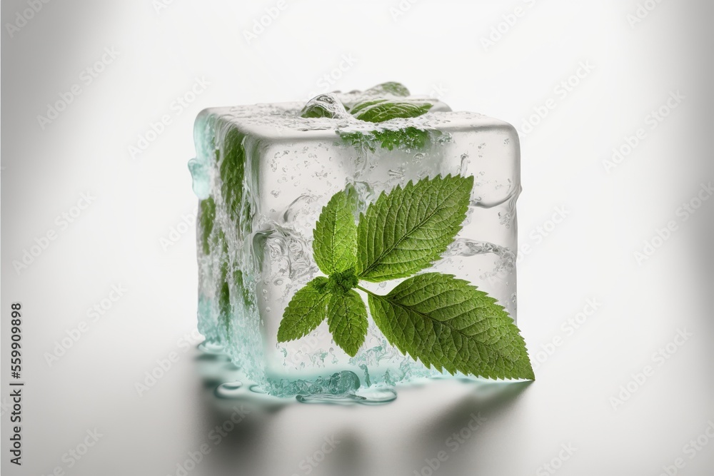 Poster a ice cube with a green leaf on top of it and water droplets around it on a white background with a 
