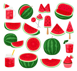 Fresh and juicy watermelon whole and slices set. Tasty desserts made of watermelon vector illustration