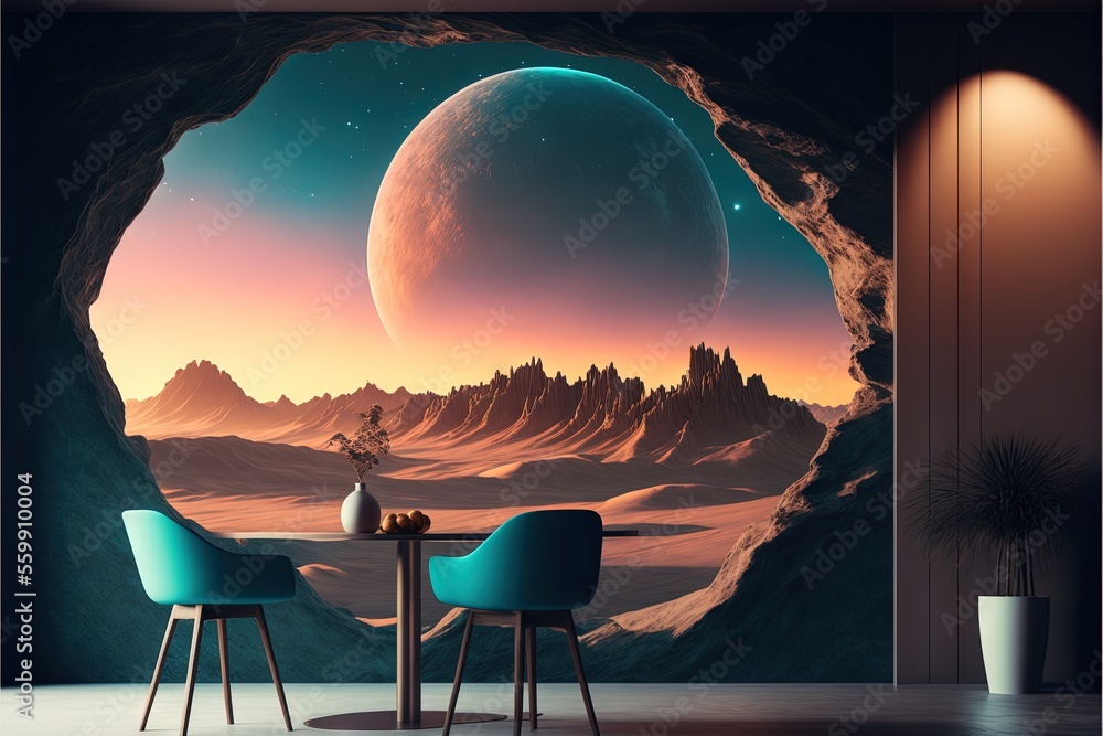 Poster a room with a table and chairs and a view of a planet in the distance with mountains and mountains i