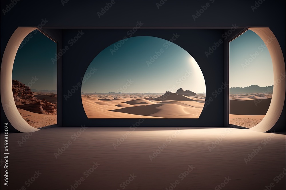 Poster a desert scene with a window to the desert and a mountain in the distance with a bright sun shining 