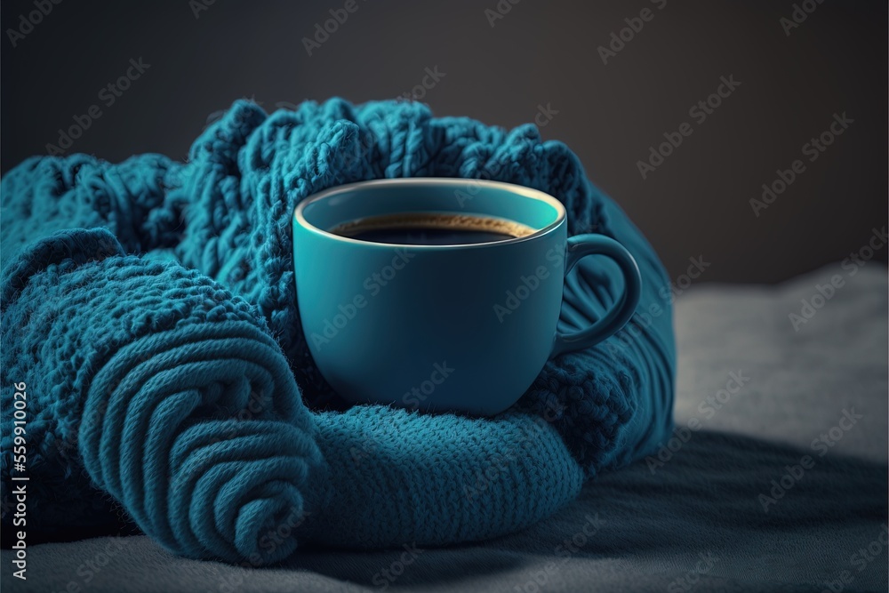 Aufkleber a cup of coffee and a blanket on a bed with a blanket on it and a blanket on the floor behind it tha