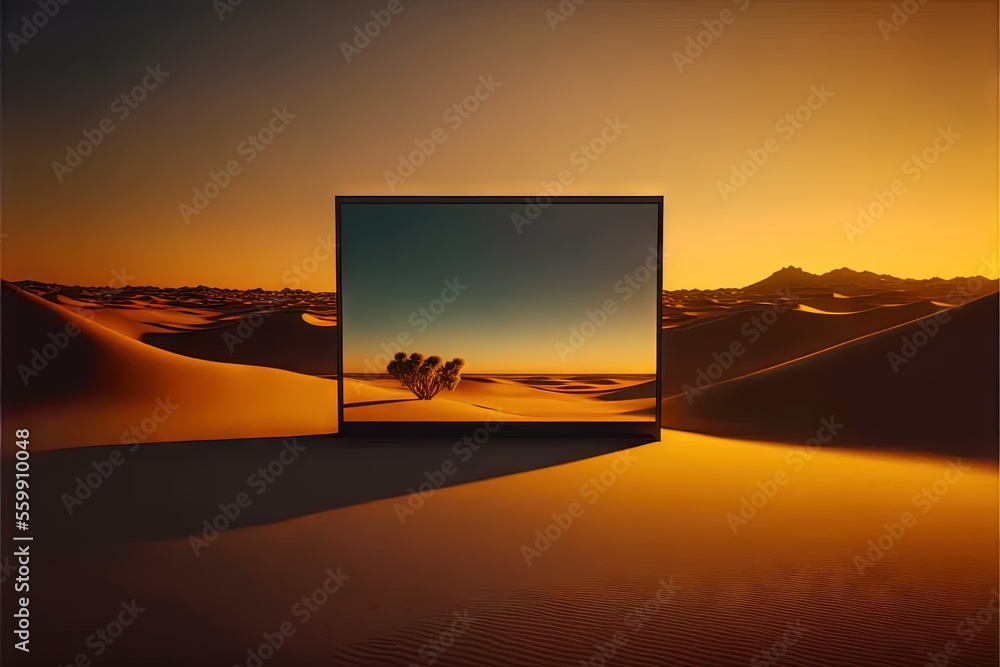 Poster a desert scene with a picture frame in the middle of it and a desert landscape in the background wit