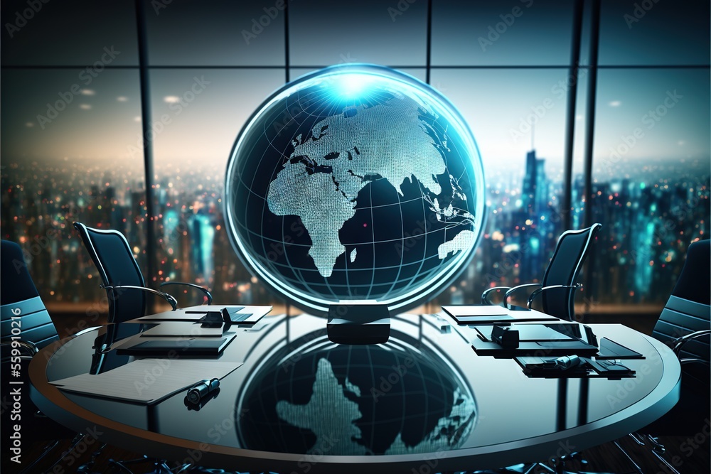 Poster a table with a globe on top of it in a room with a city view in the background at night time with li