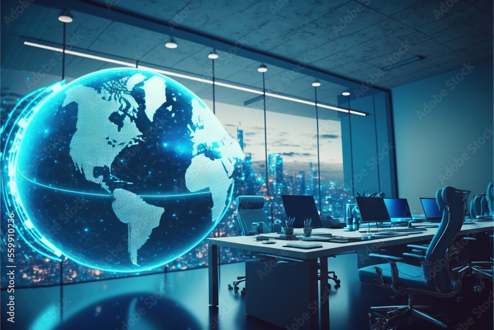 Poster a conference room with a globe in the middle of it, surrounded by tables and chairs on the tables th
