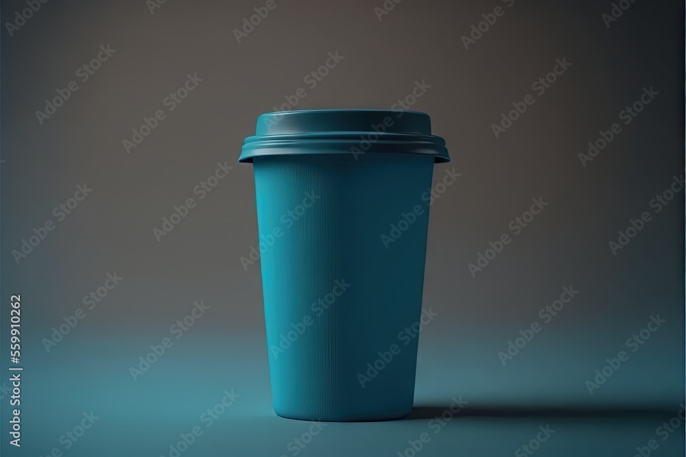 Aufkleber a blue cup with a lid on a table with a gray background and a black background behind it, with a sha