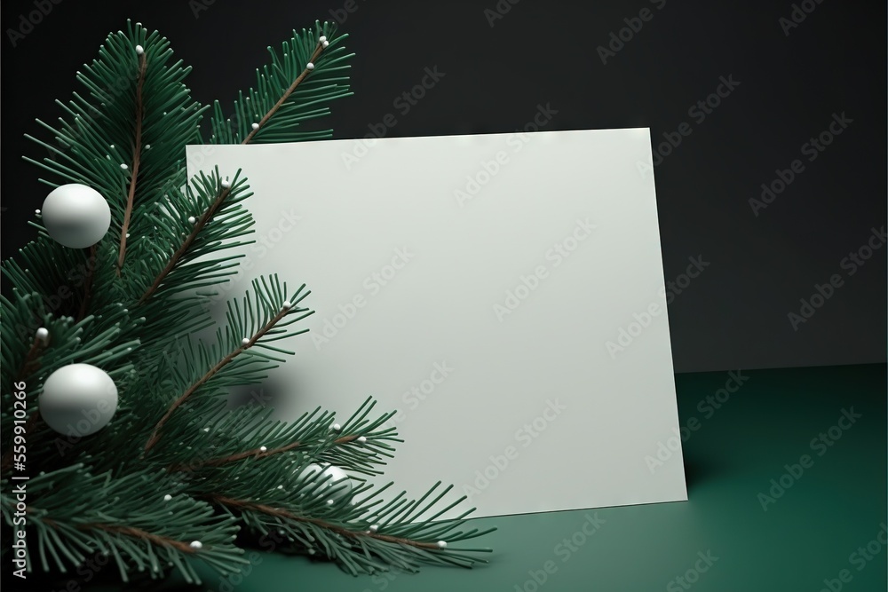 Poster  a christmas tree branch with a white card on it and a green background with a white ball hanging from the branch of a fir tree with a black background with a white ball and a., ai, Generative