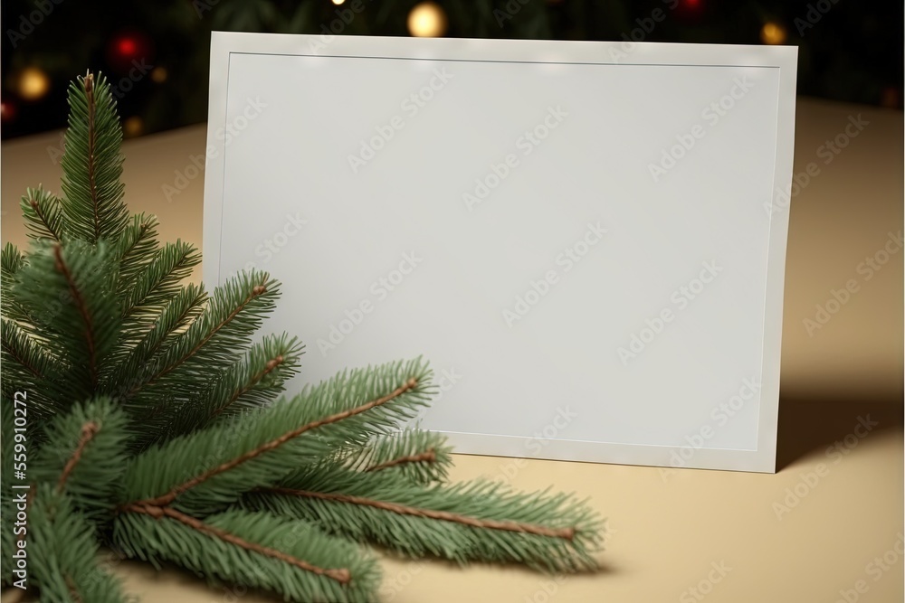 Poster a white card with a pine branch on a table with a christmas tree in the background with lights on th