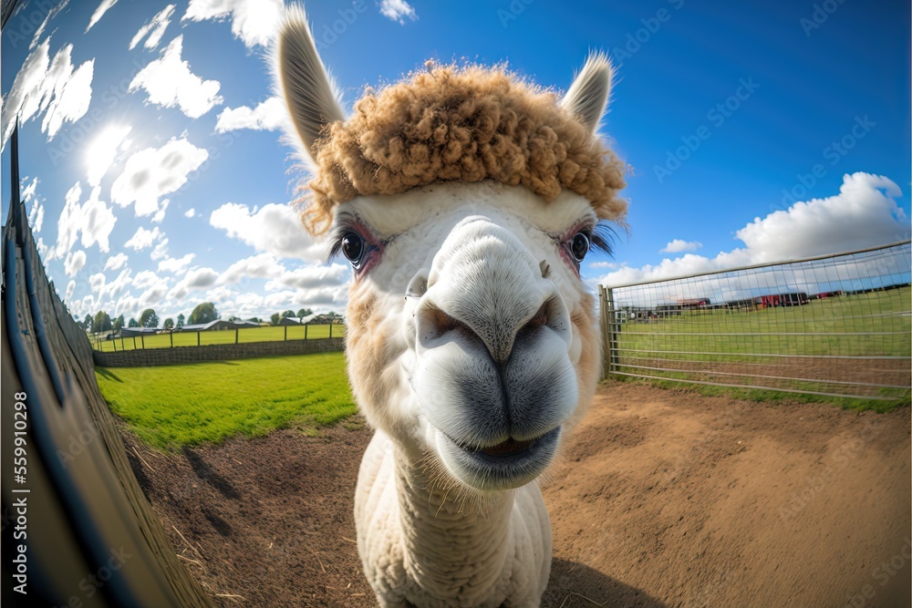 Poster a llama with a brown hair standing in front of a fence and a field with green grass and a fenced in 