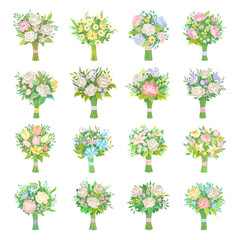 Wedding Bouquet with Rose Flower and Floral Twig Big Vector Set