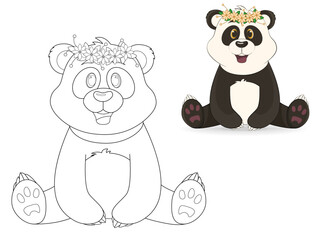 Cute coloring page - panda with flowers on his head. Cartoon children's illustration.