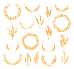 Golden wheat wreaths and ears set. Agricultural organic plant for bakery, bakehouse, farm market logo or label design cartoon vector illustration