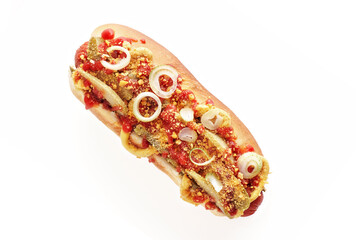 hot dog with ketchup and mustard, isolated on white background