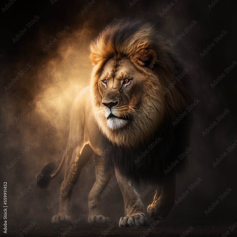 Poster a lion is walking in the dark with a light shining on it's face and a black background behind it is 