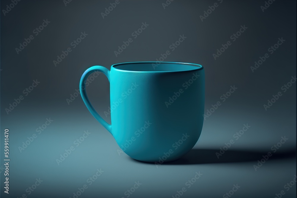 Poster a blue mug sitting on top of a table next to a black background with a shadow on it and a black back