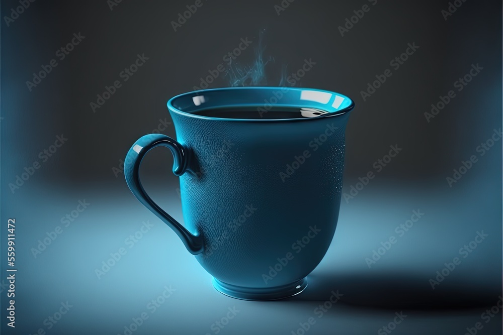 Poster a blue cup with a steaming liquid inside of it on a blue background with a black background and a bl