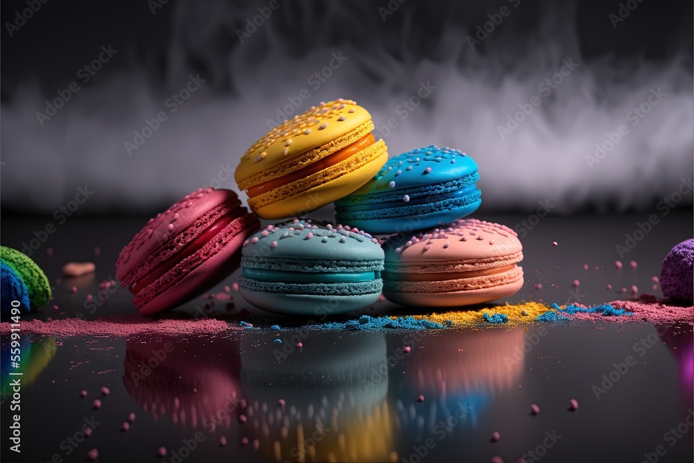 Poster a pile of colorful macaroons sitting on top of a table next to a pile of powdered sugar and a pile o