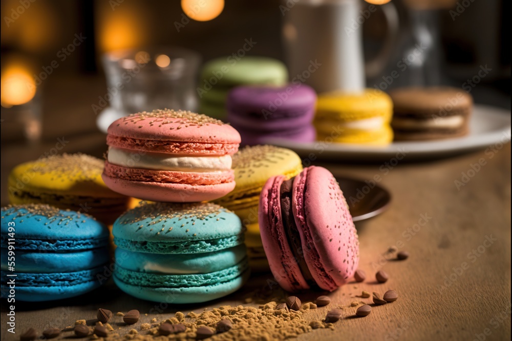 Poster a plate of colorful macaroons and a glass of water on a table with a candle in the background and a 