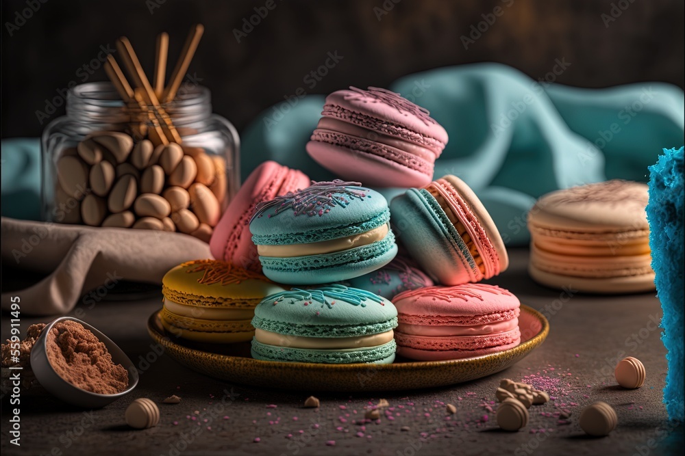 Poster a plate of colorful macaroons and a jar of macaroons on a table with a blue cloth and a spoon of mac