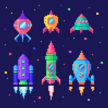 Pixel art set of rocket launch. Pixelated cartoon spaceships,cosmic shuttles