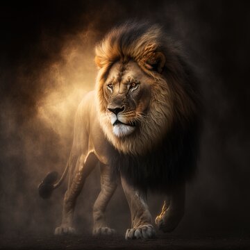  a lion is walking in the dark with a light shining on it's face and a black background behind it is a dark area with a light coming from the left side of the lion., ai, Generative
