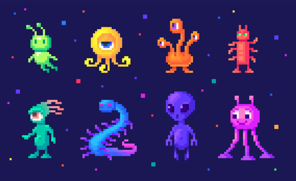 Pixel art set of alien. Cute cartoon monsters different forms and colors