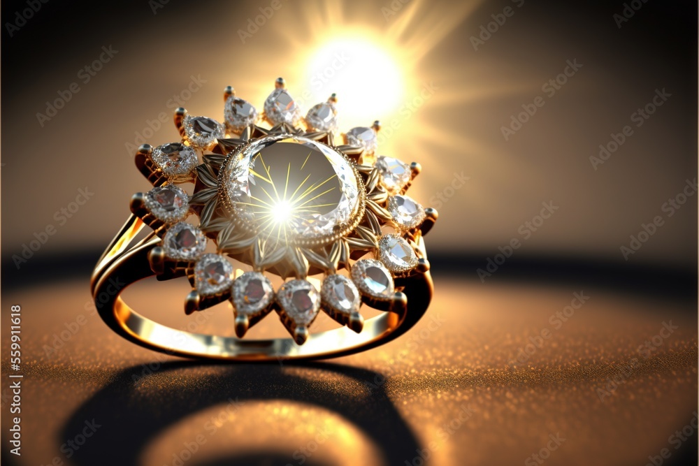 Poster a ring with a large diamond surrounded by a sunburst on a table top with a shadow of light coming fr