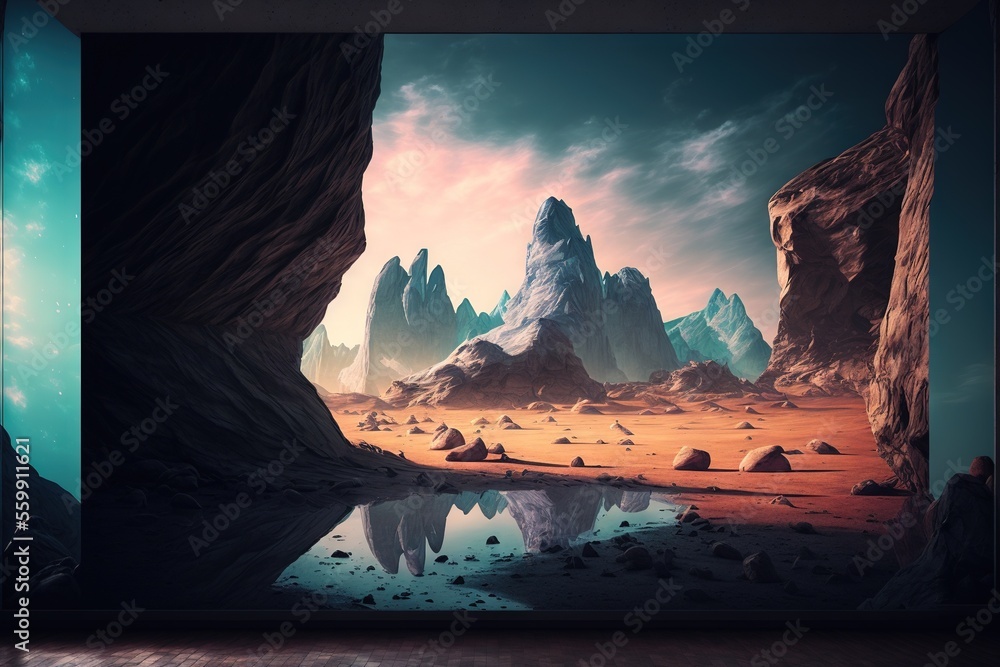 Poster a painting of a rocky landscape with a lake in the middle of it and mountains in the background with