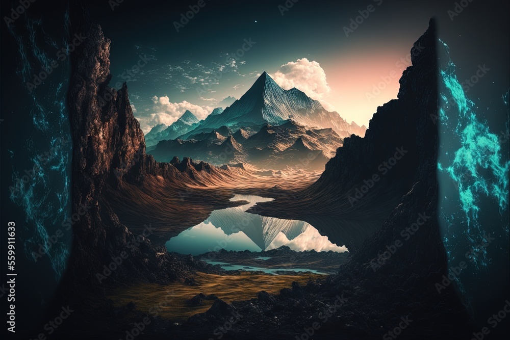 Poster a mountain landscape with a lake and a mountain range in the background with a reflection of the sky