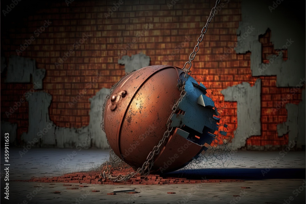 Poster a ball and chain are in the middle of a room with a brick wall and a wall that has been torn down an