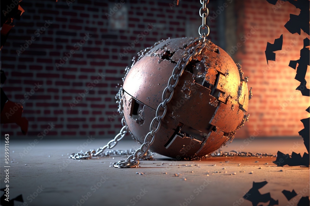 Poster a ball and chain are chained to a brick wall with a brick wall in the background and a brick wall in