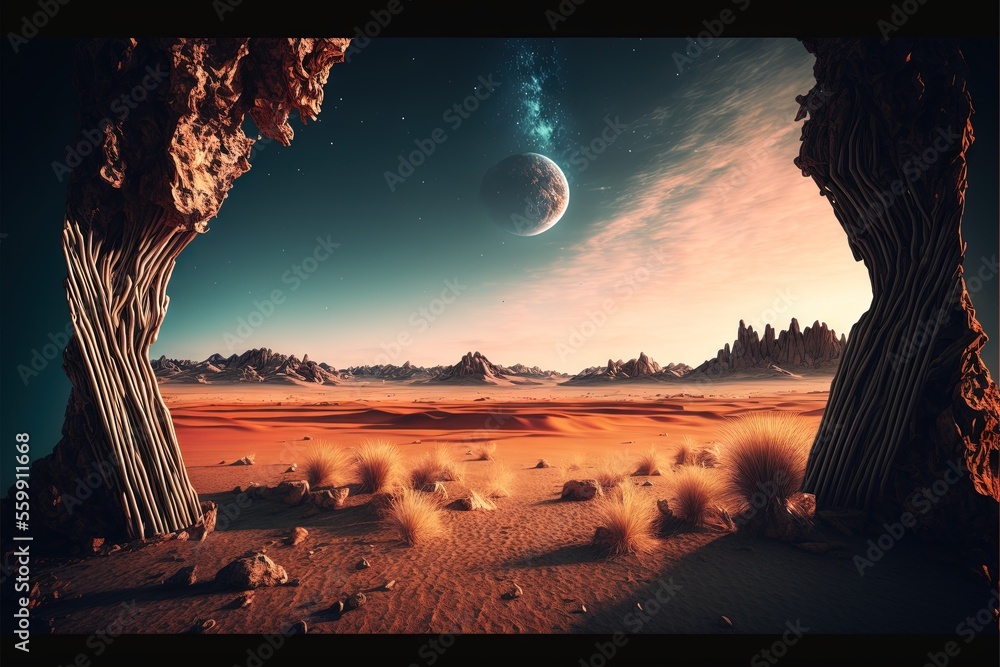 Poster a desert scene with a moon and a distant planet in the distance with a few rocks and grass in the fo