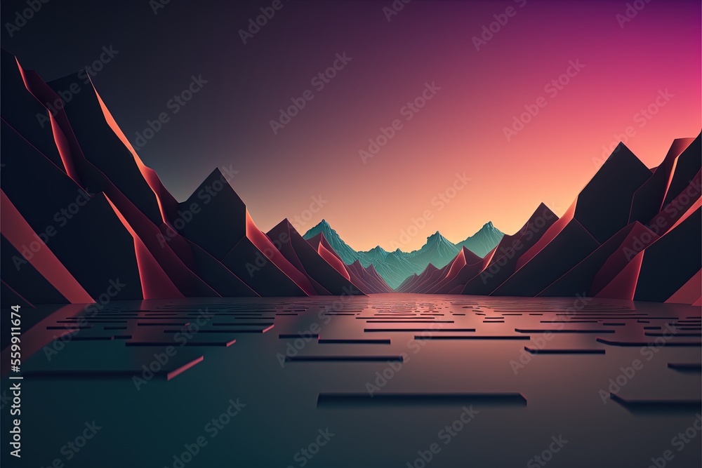 Poster a computer generated landscape with mountains and a lake in the foreground and a pink sky in the bac