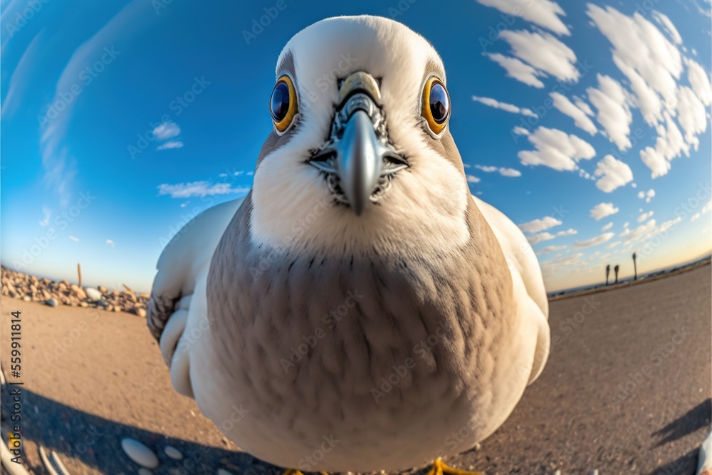 Poster a bird with a large beak and yellow eyes is standing on a ledge in front of a mirror with a sky back