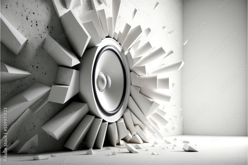 Poster a speaker is shown in a white room with a hole in the wall and a hole in the floor that has been sma