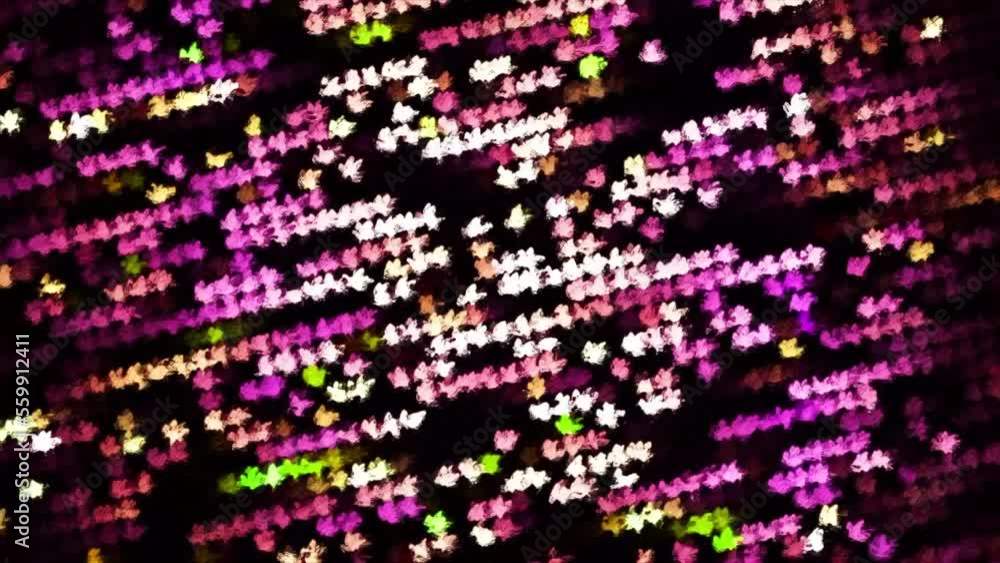Poster Rotating background with bright dots moving lines. Motion. Moving streams of flashing dots in disco ball style. Disco background with rotating stream of colorful flashing dots