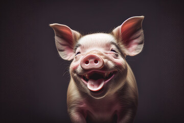 Illustrated portrait of a cute pig looking into the camera and laughing happily in front of dark background. Generative ai