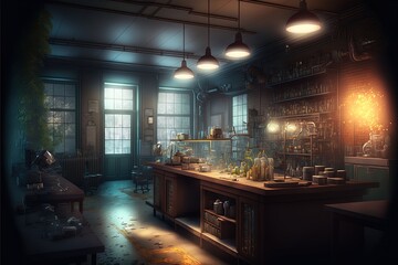 Interior Fantasy biochemical laboratory. Neon light. AI