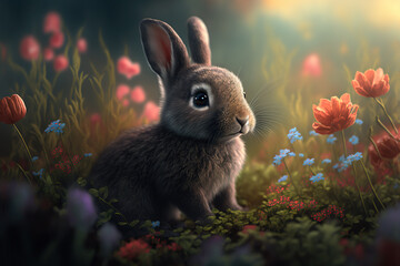Brown bunny in a field of flowers  Generative AI