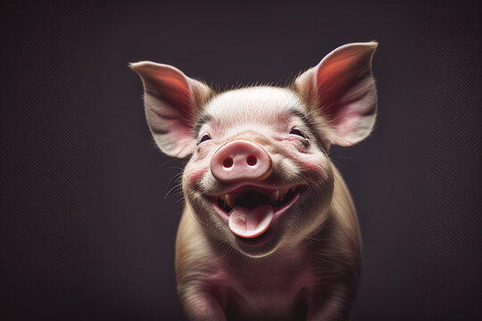 Illustrated portrait of a cute pig looking into the camera and laughing happily in front of dark background. Generative ai