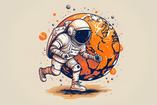 Cartoon depicting an astronaut playing globe ball. Isolated science sport idea. cartoonishly flat. Generative AI