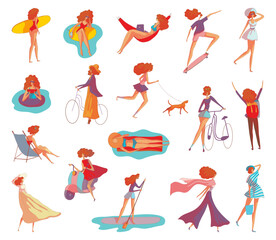 Fototapeta na wymiar Women outdoor activities set. walking with dog, sunbathing, biking, hitchhiking, skateboarding, swimming and surfing vector illustration