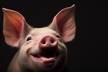 Illustrated portrait of a cute pig looking into the camera and laughing happily in front of dark background. Generative ai