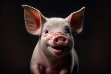 Fotobehang Illustrated portrait of a cute pig looking into the camera and laughing happily in front of dark background. Generative ai © Annabell Gsödl